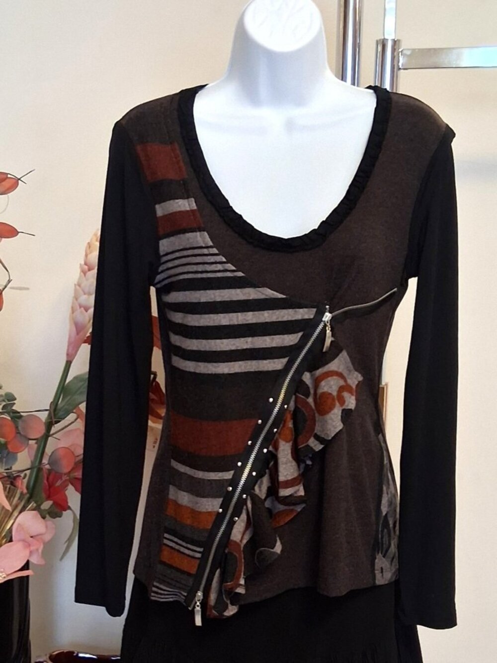 NEW Dolcezza Women Luxury Ruffle Blouse Black Brown Patchwork Long Sleeve Top 8